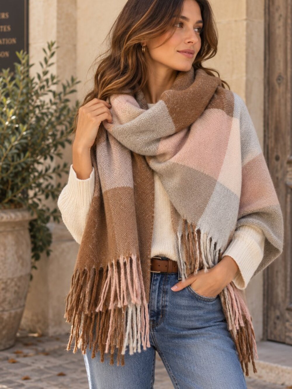 Beeline We Care Scarf Oversized Wrap Colorblock Fringe Soft Winter Mountaincore